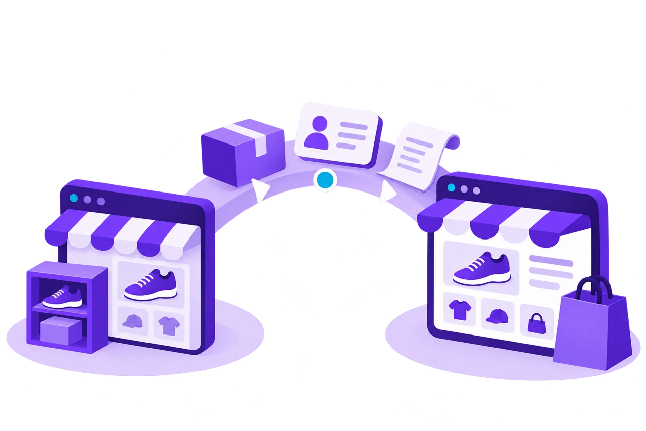 Una tienda y su nueva plataforma conectadas por un puente, con productos, información de clientes y pedidos en tránsito.