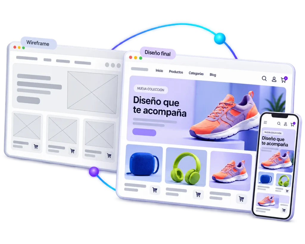 Wireframe de una tienda y su diseño final en desktop y móvil.