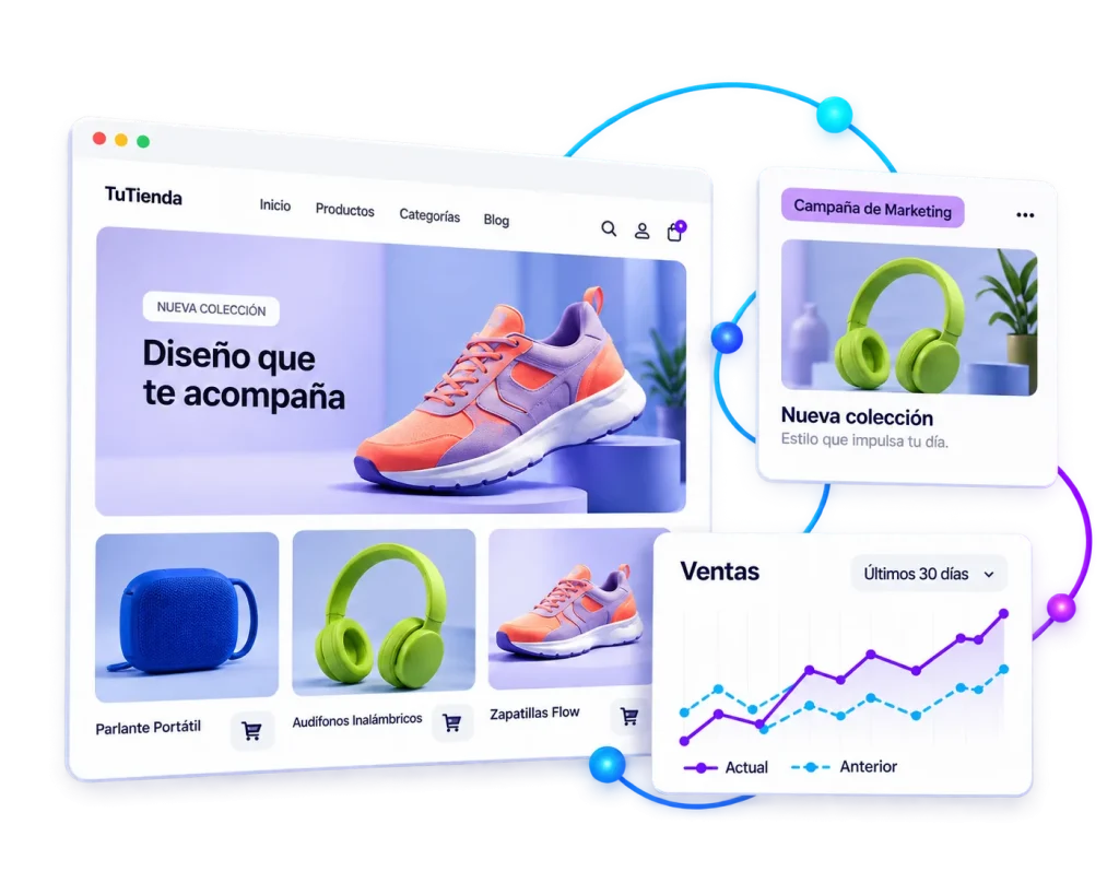 Tienda, campaña y resultados de ventas comparativos conectados.