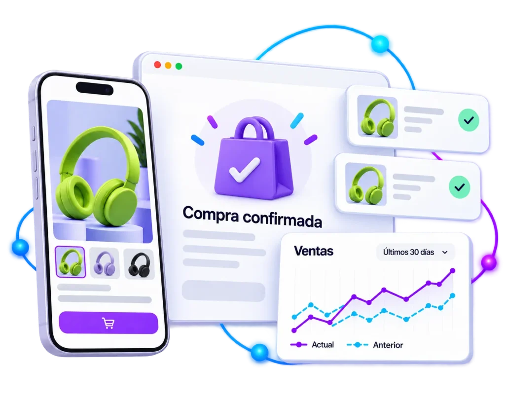 Publicidad conectada con compras confirmadas y comparación de ventas.