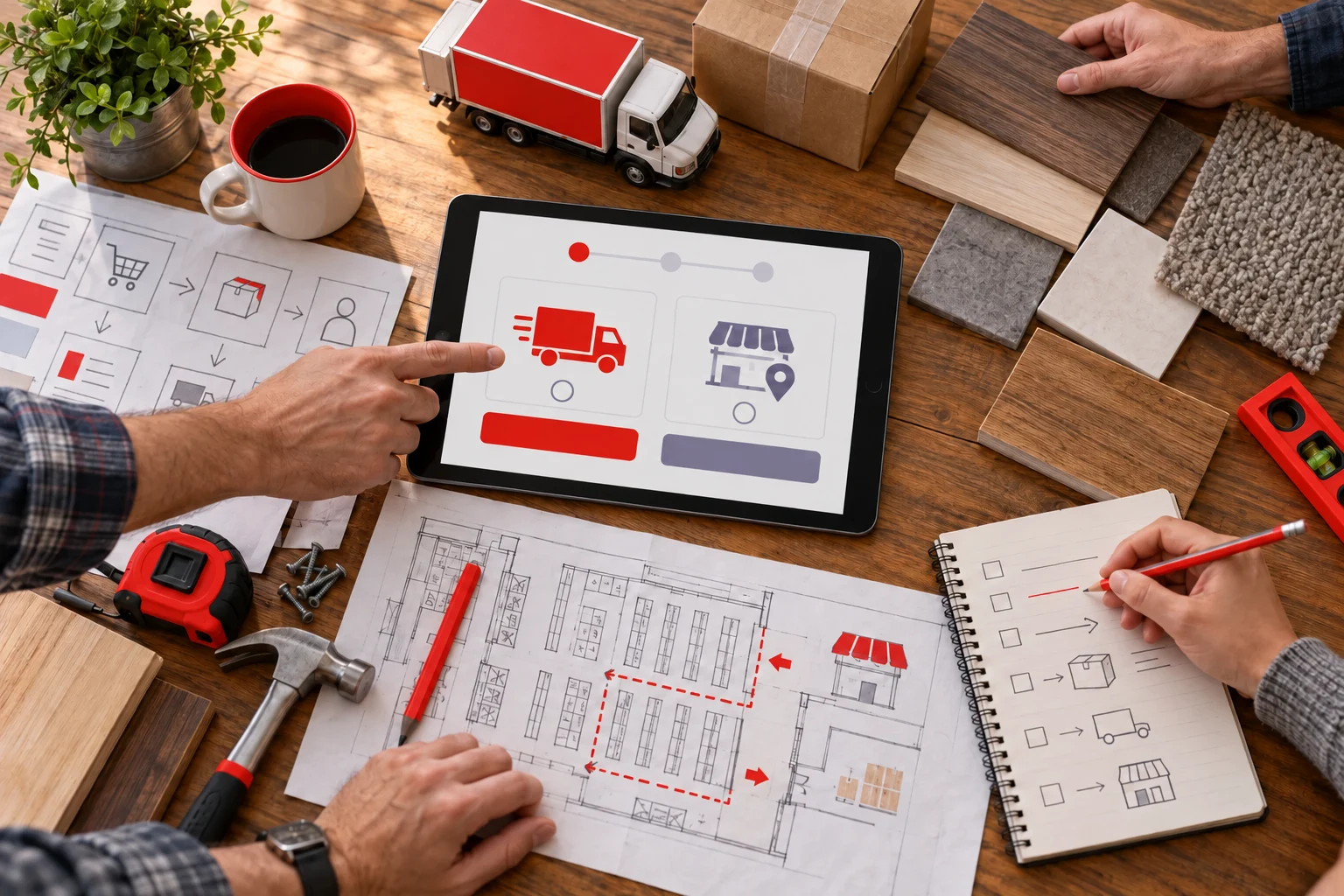 Ilustración del diseño de despacho y retiro en el eCommerce de Easy, con acentos rojos