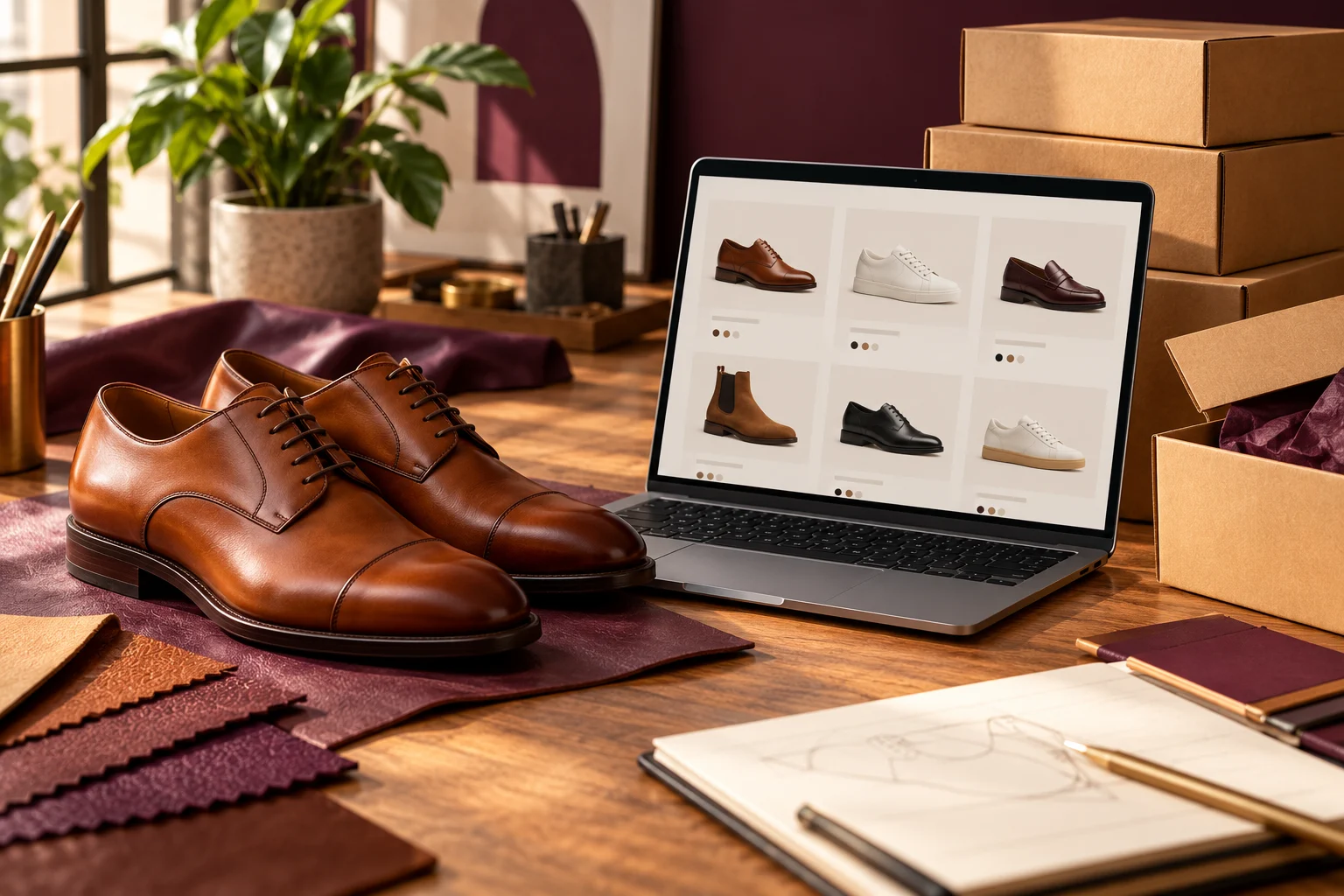 Ilustración de zapatos de cuero, tienda online y cajas de despacho