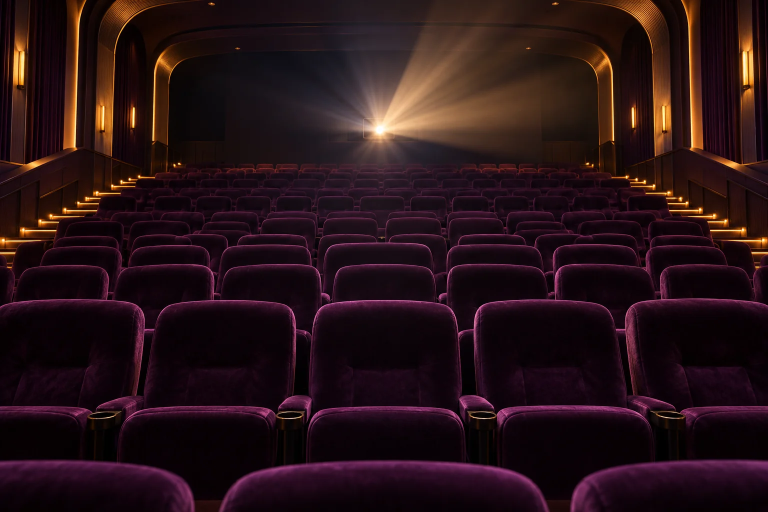 Ilustración de una sala de cine con butacas moradas y luz de proyección