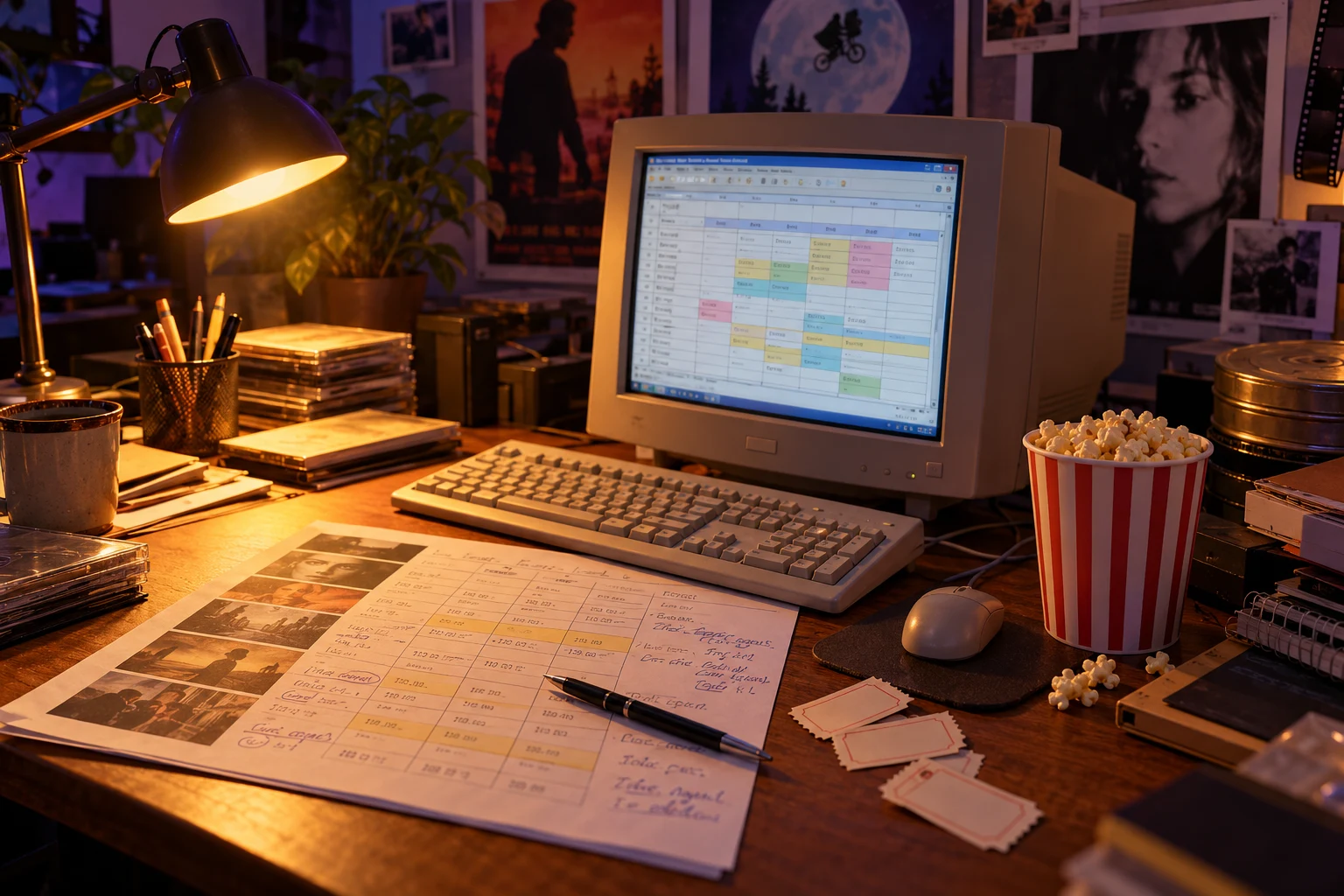 Recreación ilustrativa de un escritorio de 2004 con cartelera en Excel, entradas y cabritas