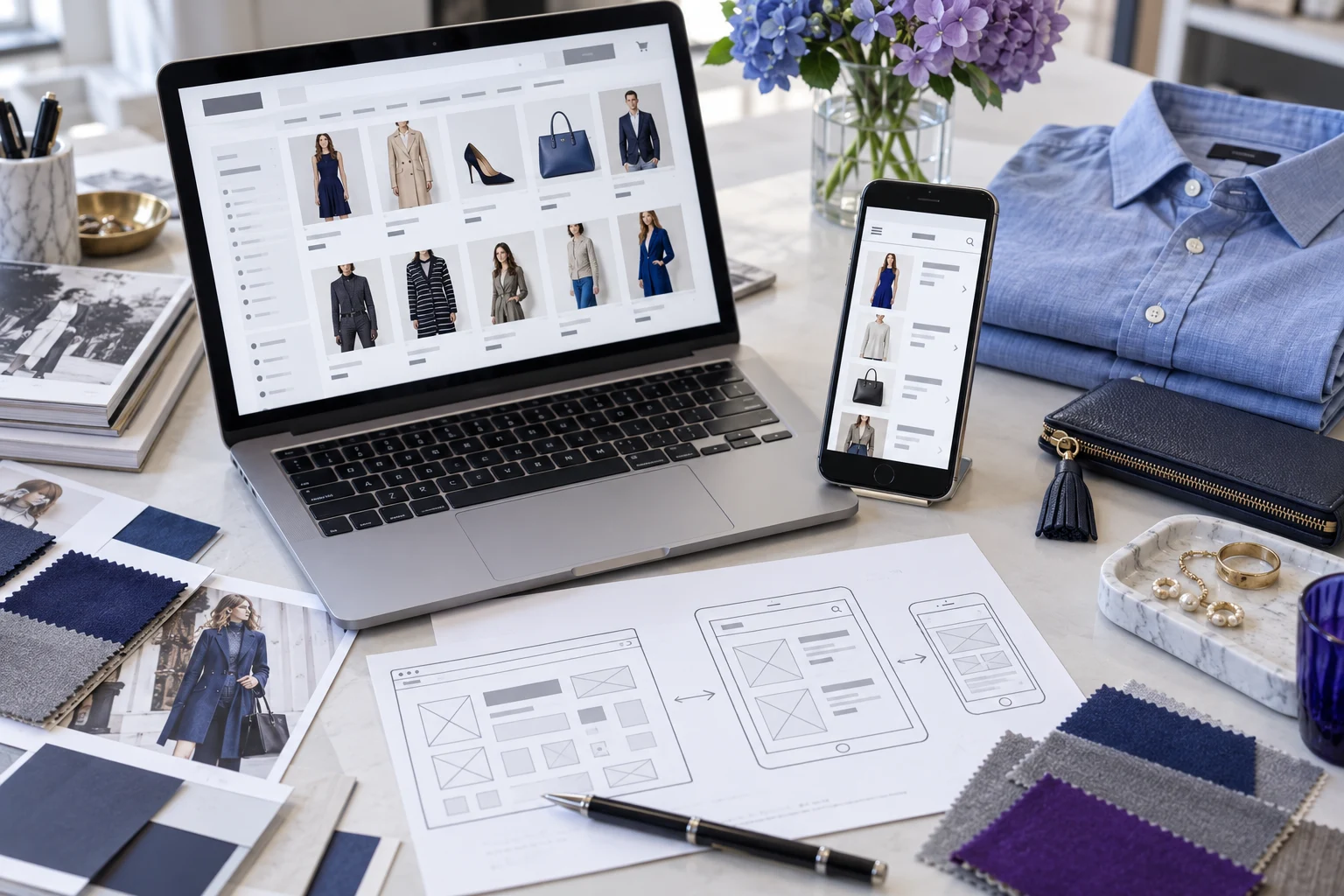 Ilustración de adaptación responsive de una tienda de moda con versiones de escritorio y móvil