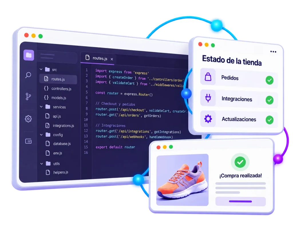 Editor de código, estado operativo de la tienda y compra realizada.